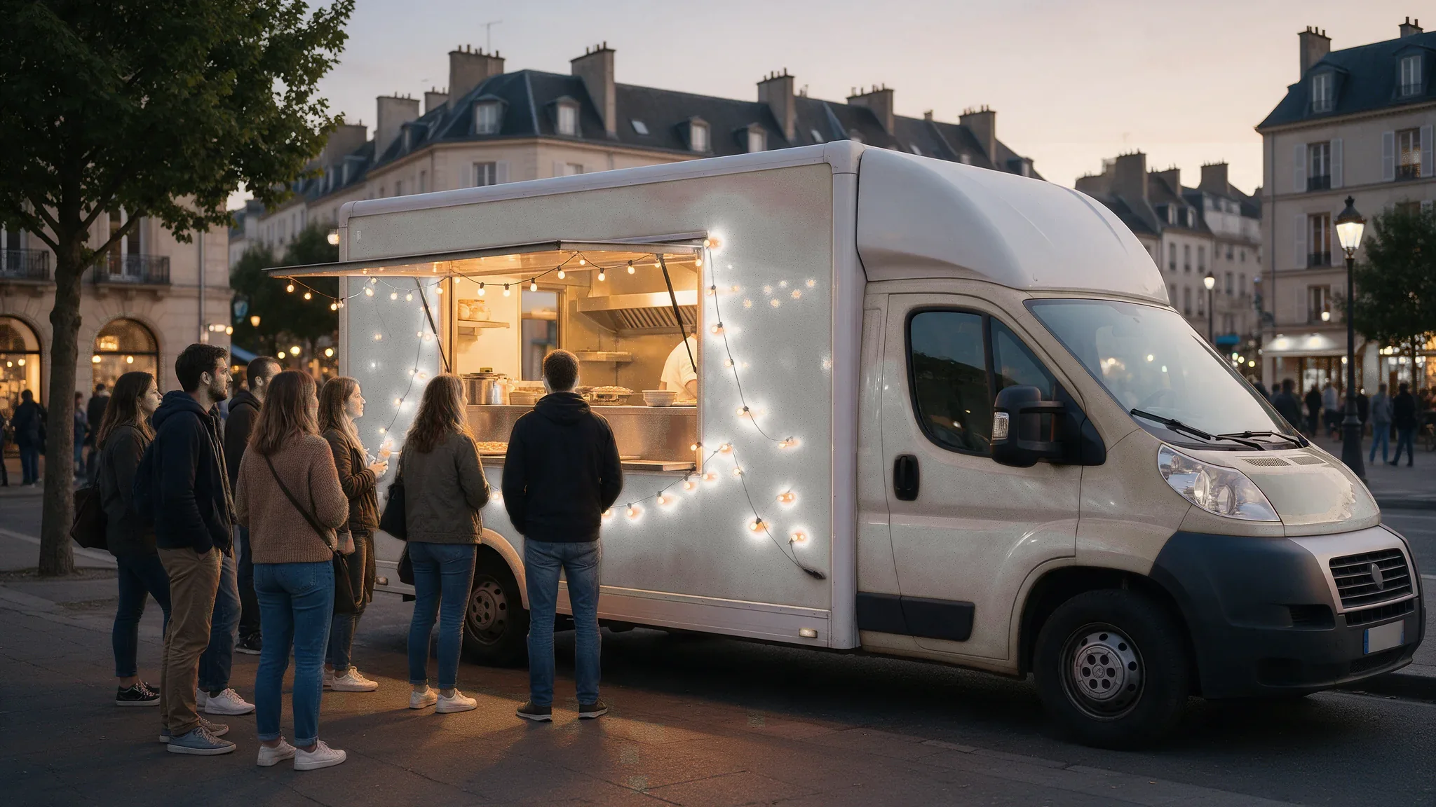 Le camion Pizza Régal installé le soir, guirlandes allumées