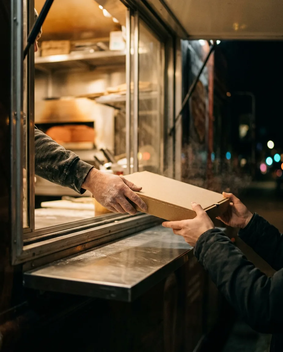 Une pizza tendue par la fenêtre du camion