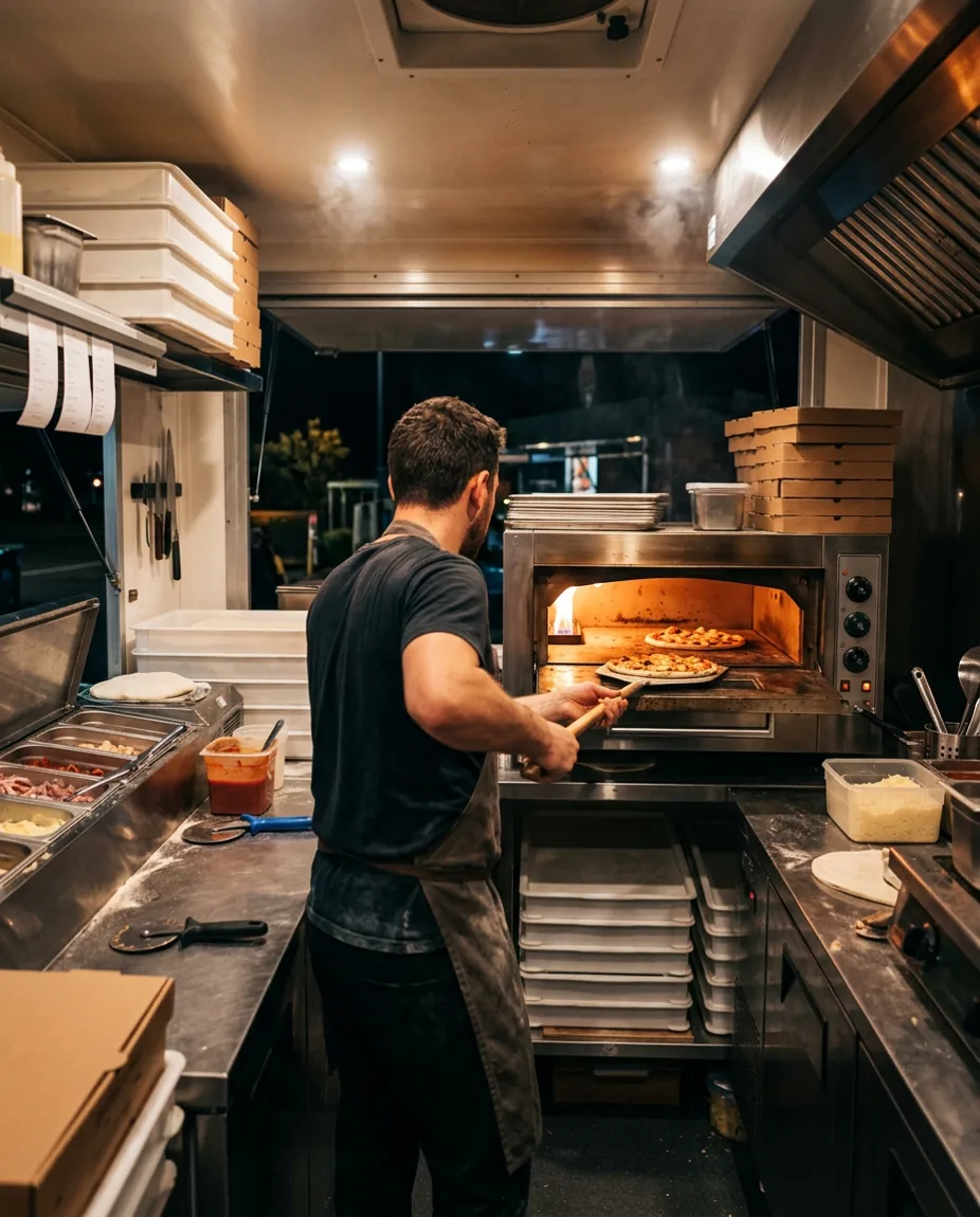 Le pizzaiolo enfourne une pizza dans le camion